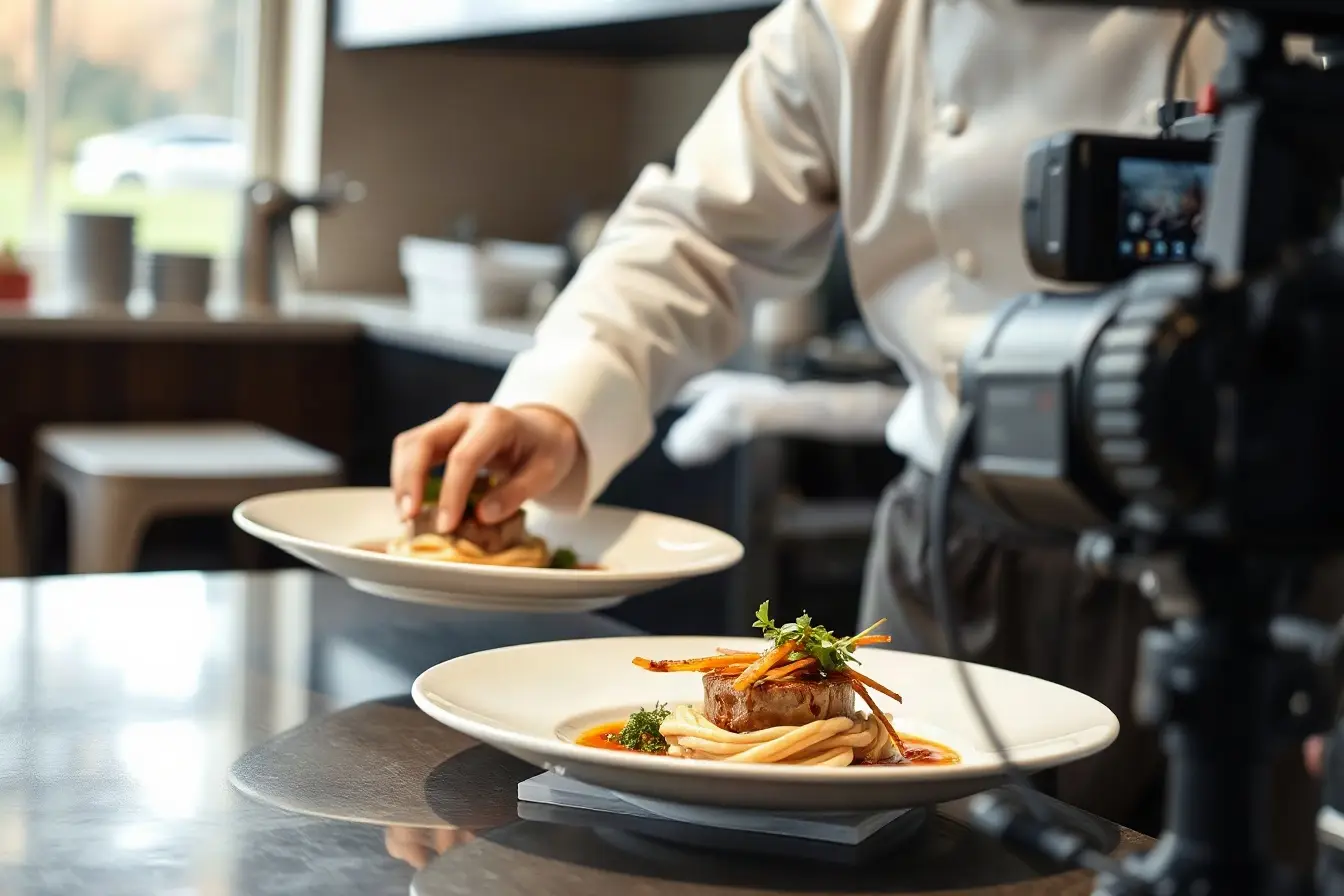 Chef plating a dish while a videographer films a close-up