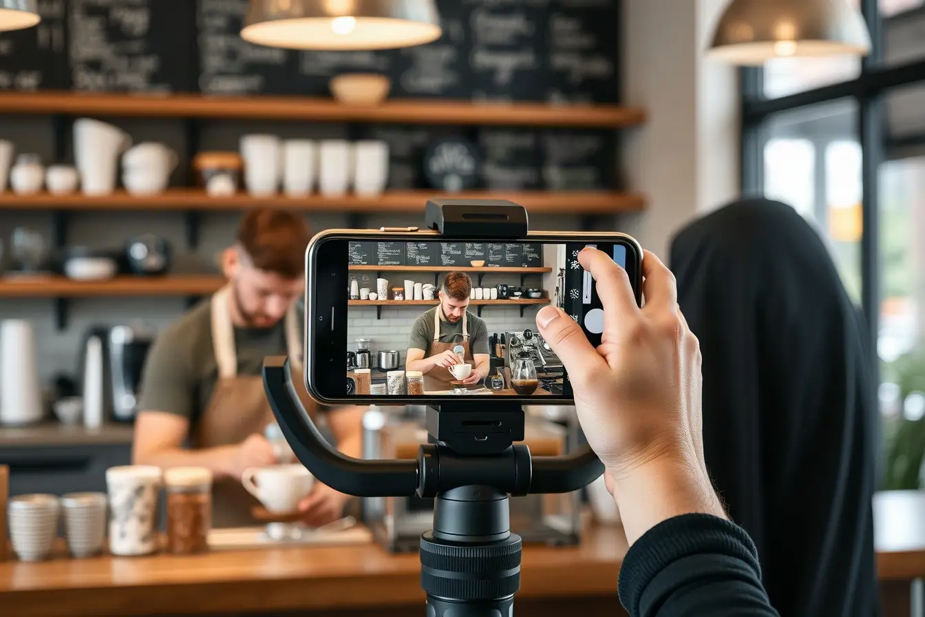 Videographer capturing a barista making coffee with a phone gimbal
